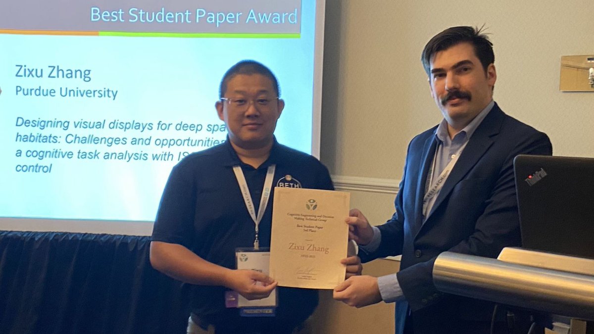 Zixu Zhang, a #GradPurdue student in the technology program at Purdue Polytechnic, has received notable recognition by earning third place from over 600 entries in the Cognitive Engineering and Decision Making Technical Group student paper competition. 🔗 bit.ly/3wdTzlC