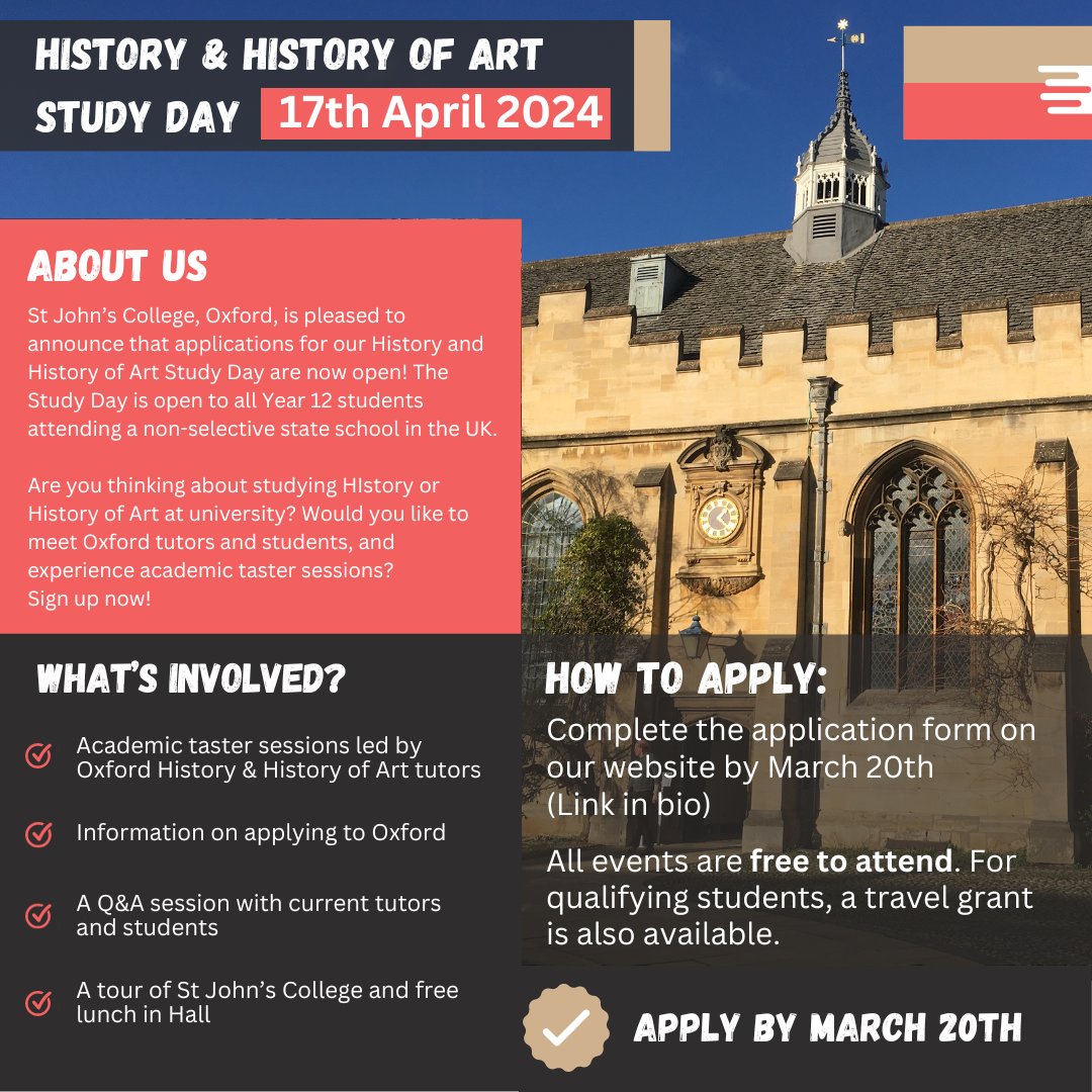 📣Attention all Year 12s! You can now sign up for our History and History of Art Study day taking place on April 17th! Meet our tutors, chat to our students and get a taste of life at the University! 🏛️ 🔗 Sign up via the link in our bio #oxoutreach