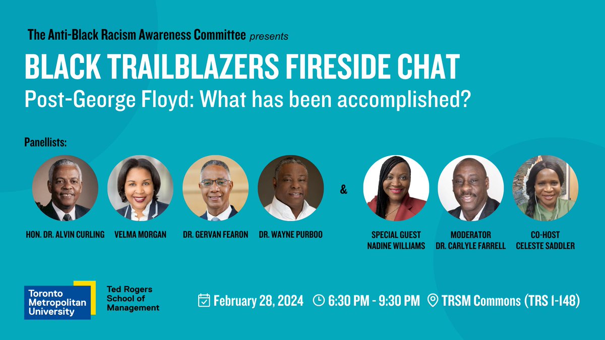 trsmtorontomet's tweet photo. Have you registered yet for the first annual Black Trailblazers Fireside Chat? This Wednesday, Hon. Dr. Alvin Curling and a distinguished panel of experts will share their insights on anti-Black racism in a world post-George Floyd.

Register for free now: https://t.co/5oKc0lrM9R https://t.co/r0LtVlvgzZ