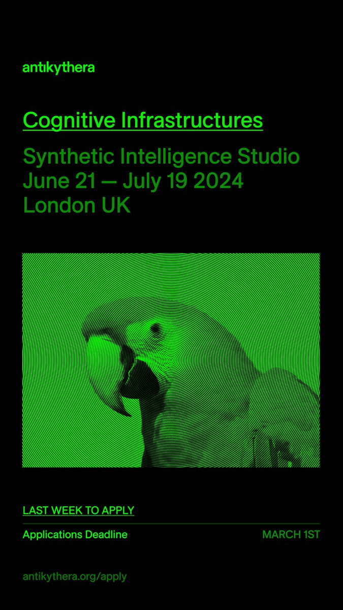 AI in the wild and out of the lab. Last week to apply for Cognitive Infrastructures studio in London, June-July. Applicants should have right to work in UK. Antikythera.org/apply.