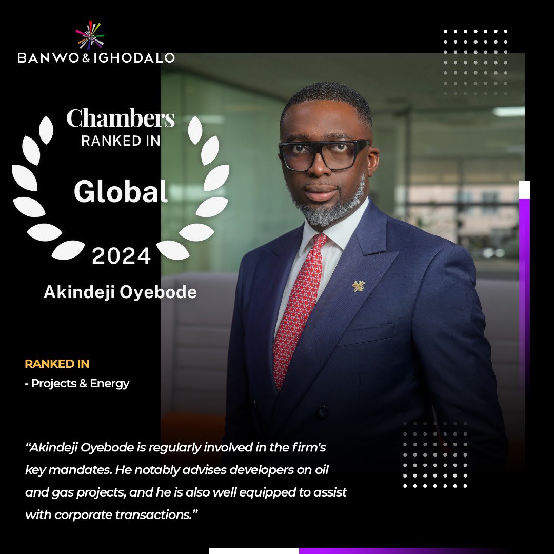 We are delighted to announce that our Partner, Akindeji Oyebode has been ranked in the Chambers Global 2024 in the Projects & Energy practice area for his deep understanding of the oil & gas sector.

#ProjectsandEnergy #ChambersGlobal2024 #TopRanked #ExcellentMinds