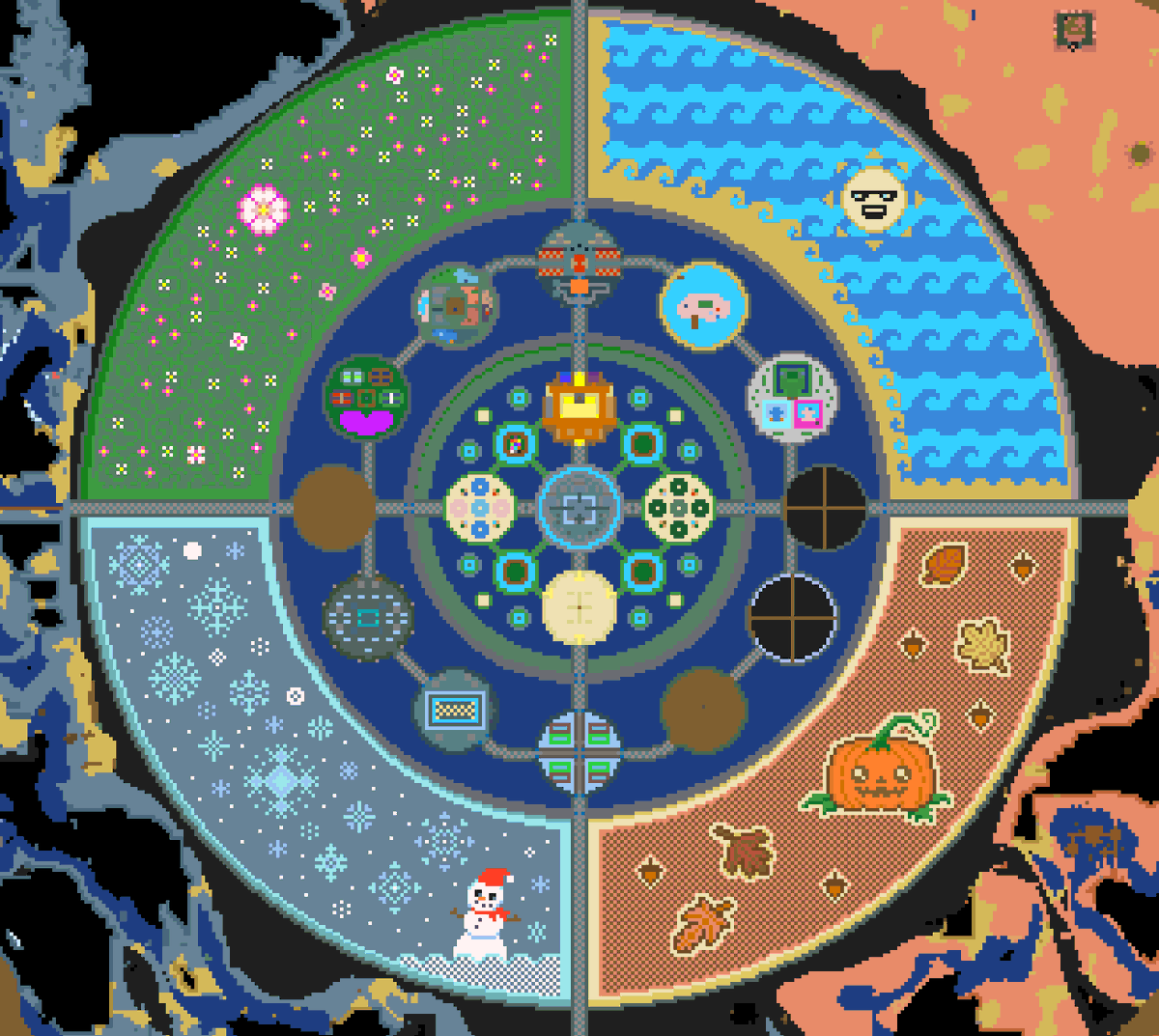 CoreKeeperGame's tweet photo. WOW! Discord user @owlunae has built an amazing four seasons map in #CoreKeeper. We're big fans of the pumpkins in the autumn section 🥰🎃 https://t.co/6myyiixcXu