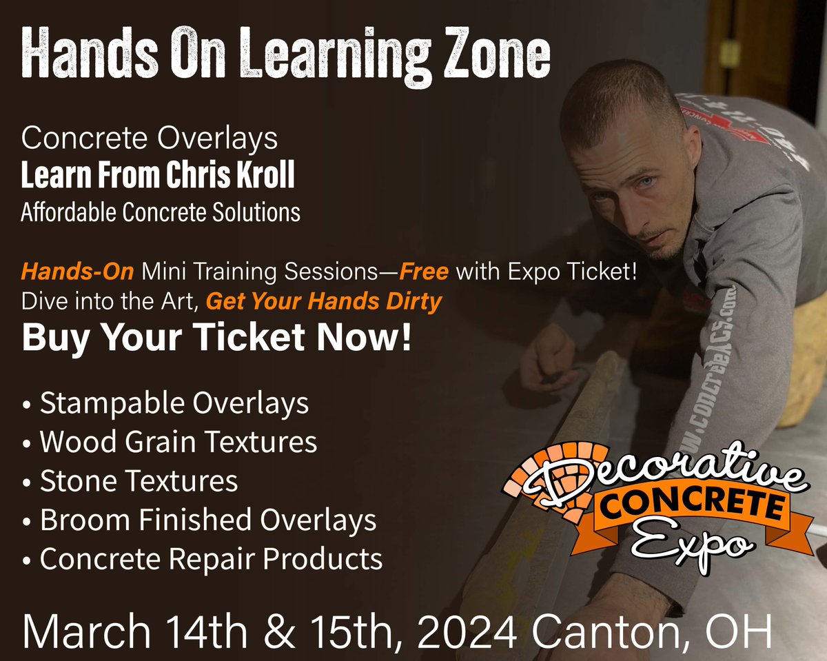 Dive into hands-on training with Chris Kroll at the Expo! Learn overlays, textures, and more. Expo on March 14th &amp; 15th, 2024, in Canton, OH. Buy tickets for a chance to win prizes!
deco-cretesupply.com/expo/general-e…