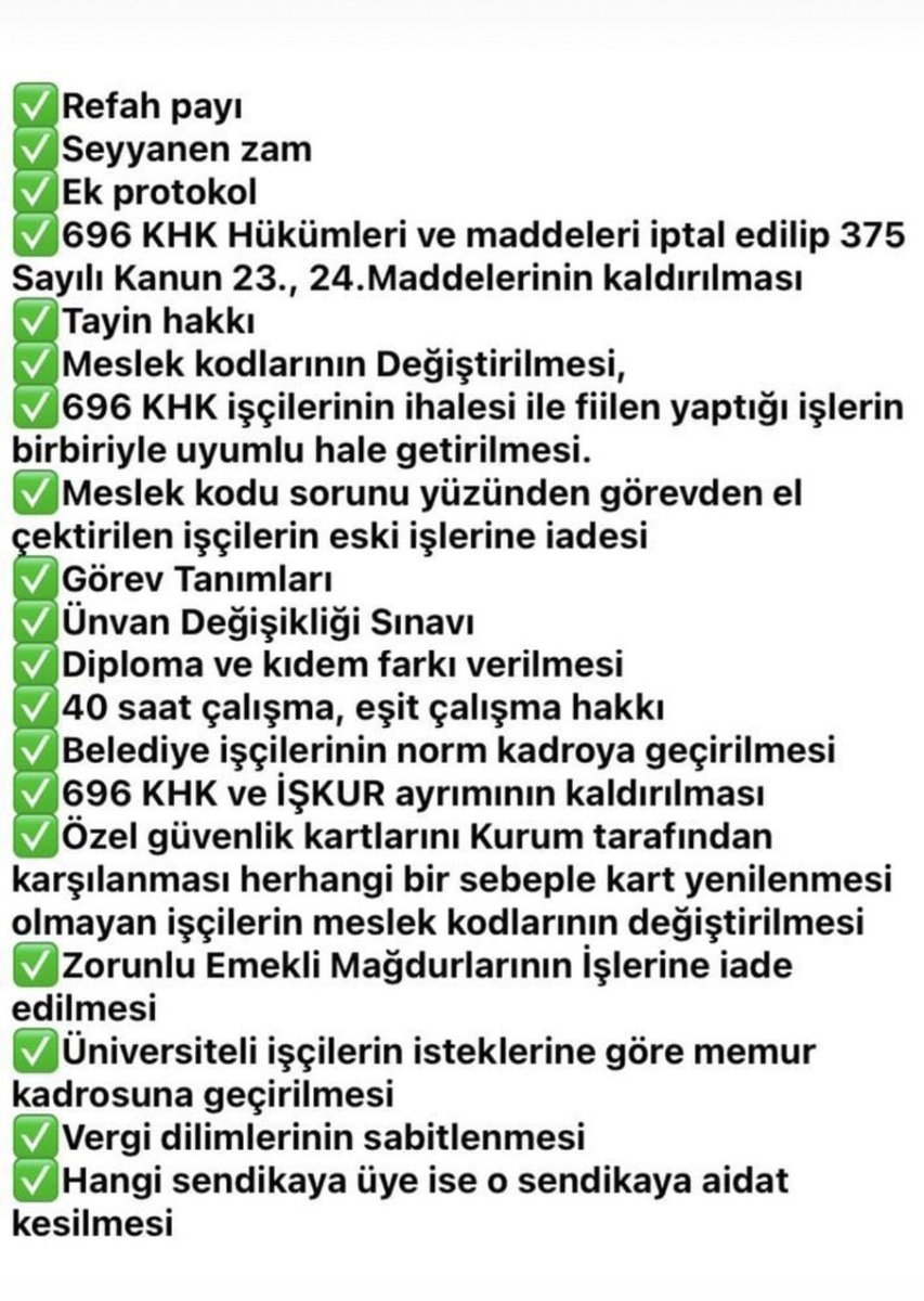 #iscideOYverecek

İŞÇİLERİN TALEPLERİ;
💥Seyyanen Zam
💥Tayin Hakkı
💥Haftalık 40 saat
💥Meslek Kodu Düzenlemesi,
💥Zorunlu Emeklilerin İşe 
       İadesi
💥Toplu Sözleşmelerin 
 Yenilenmesi
💥Vergide Adalet 
💥Kıdem Farkı
💥Taşerona Kadro