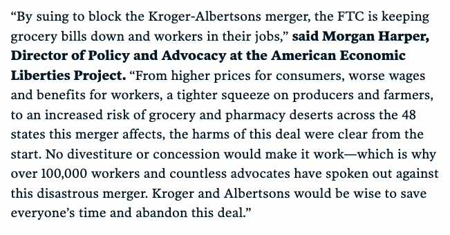“By suing to block the Kroger-Albertsons merger, the FTC is keeping grocery bills down and workers in their jobs.” Full statement from @mh4oh on @FTC’s blockbuster new suit.👇 economicliberties.us/press-release/…