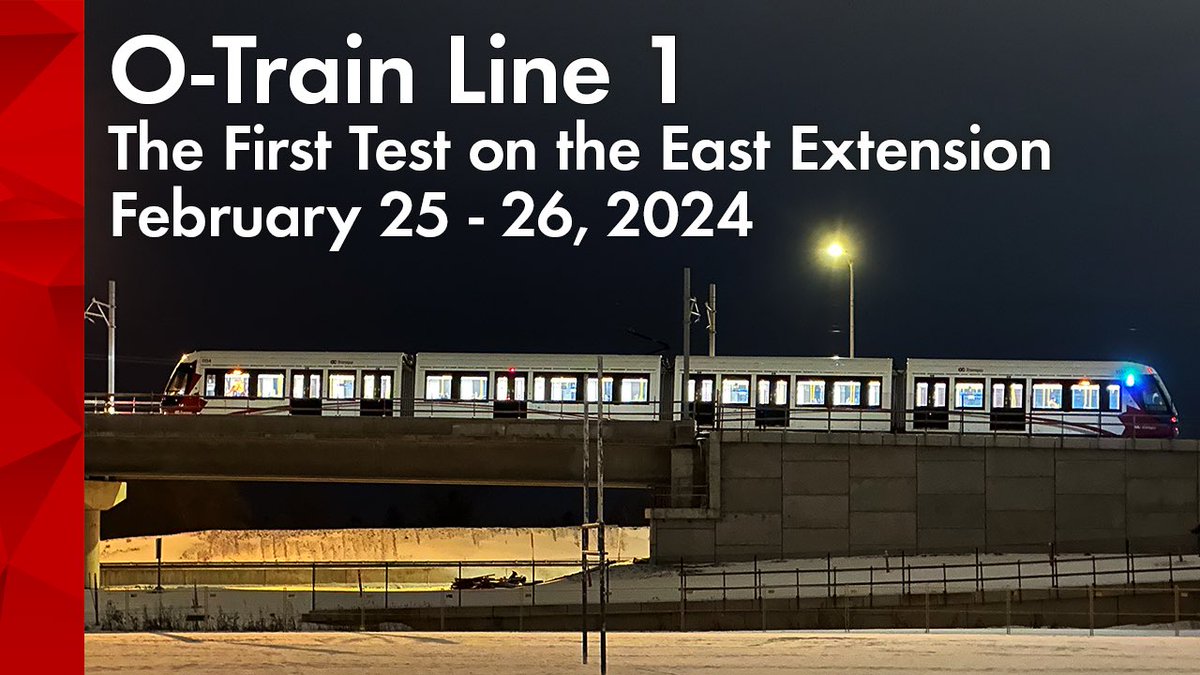 RailFansCanada's tweet photo. New video releasing at 12:30PM today!
The First Test of O-Train Line 1's East Extension - February 25-26, 2024
https://t.co/xeJayt0qwd
#Ottawa #OTrain #Stage2LRT #Trains https://t.co/YlRHgJyYM6