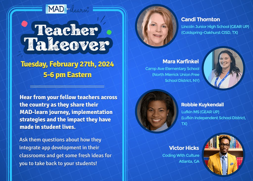 MsMaraKarfinkel's tweet photo. Hop on tomorrow to hear from myself and some other inspiring MADLearn teachers at the #MADLearn #TeacherTakeover!! ๐ญ๐ฉ๐ปโ๐ป๐ฒ
Register here: https://t.co/69XbaLHpki https://t.co/u2maYoNWW4
