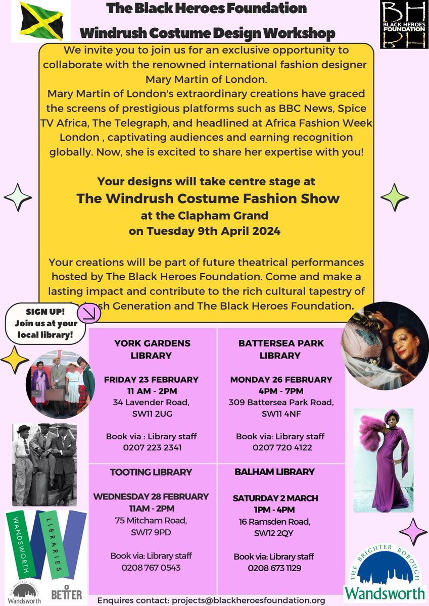 Still some spaces available at #BalhamLibrary Windrush Costume Design Workshop happening Sat 2 Mar at 1pm! Call the library directly to book on! (020 8673 1129) Such an incredible collaboration with libraries & communities. @Better_Balham @wandsworthlibs @wandbc @BlackHeroesInfo