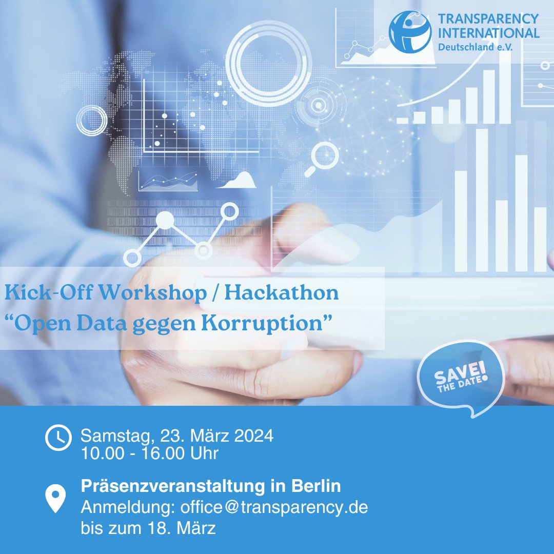 Mach mit! Wir laden herzlich zum ersten Workshop unserer Arbeitsgruppe #OpenData gegen #Korruption ein. 

Arbeite mit uns, im Rahmen von einem #Hackathon, an der Entwicklung eines Uses Cases für das Mapping korruptionsrelevanter Daten 👇

1/2