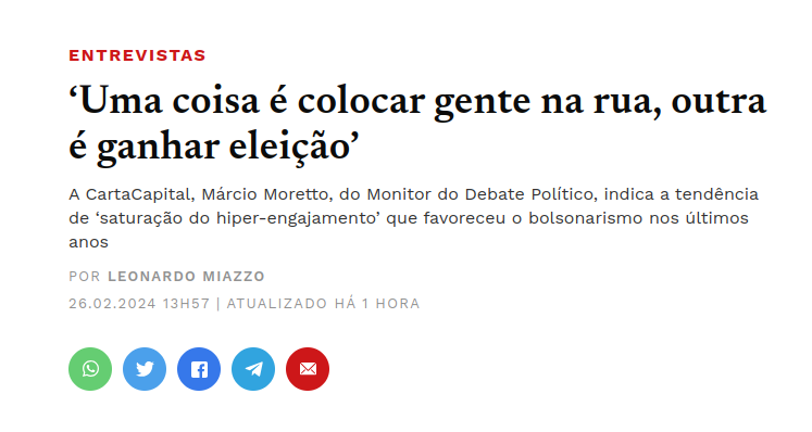 cartacapital.com.br/politica/uma-c…

"A estratégia de engajamento para ganhar as eleições é a que vimos em 2014 e em 2018 e que talvez tenha começado a se esgotar. É isso que precisamos entender nas eleições municipais."