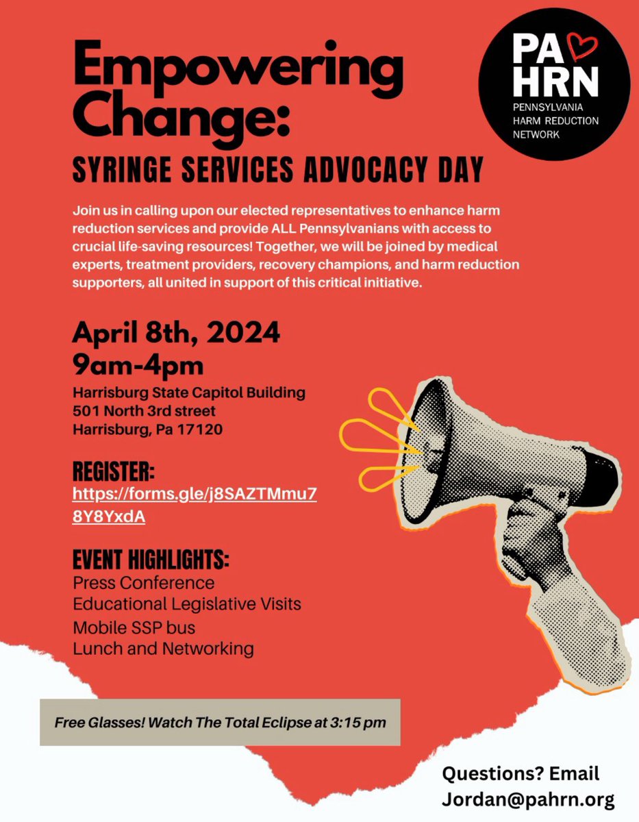 mynameisrachel's tweet image. Join me in Harrisburg on April 8th for a day of advocacy in supporting the statewide legalization of #SyringeServicePrograms (#SSPs) in Pennsylvania!

Register here: forms.gle/j8SATZMmu78Y8Y…