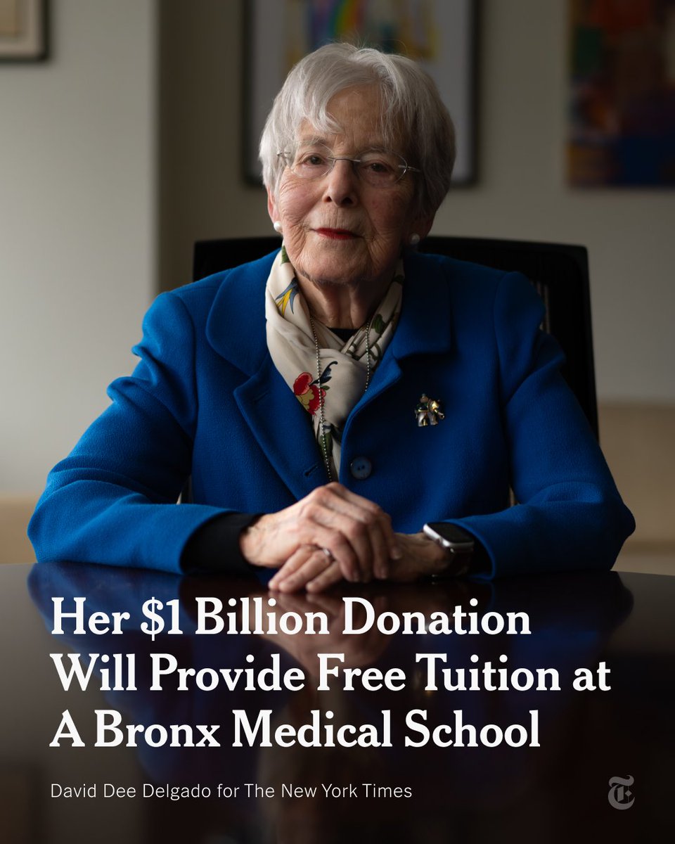 Dr. Ruth Gottesman has donated $1 billion to the Albert Einstein College of Medicine with instructions that it be used to cover tuition for all students going forward. It is one of the largest charitable donations to an educational institution in the U.S. nyti.ms/48yBeNA