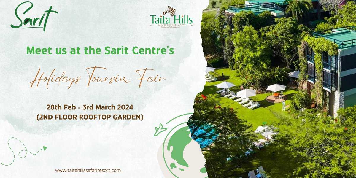 Join Taita Hills Safari Resort & Spa at the Sarit Centre's Holiday Tourism Fair, Feb 28 - Mar 3, 2024. Let's meet where the wild heart beats - 2nd Floor Rooftop Garden. Adventure awaits!

#ResortWithAnUrbanFeel

#SaritCentreExpo #WildlifeAdventure #MagicalKenya #TsavoKenyaCoast