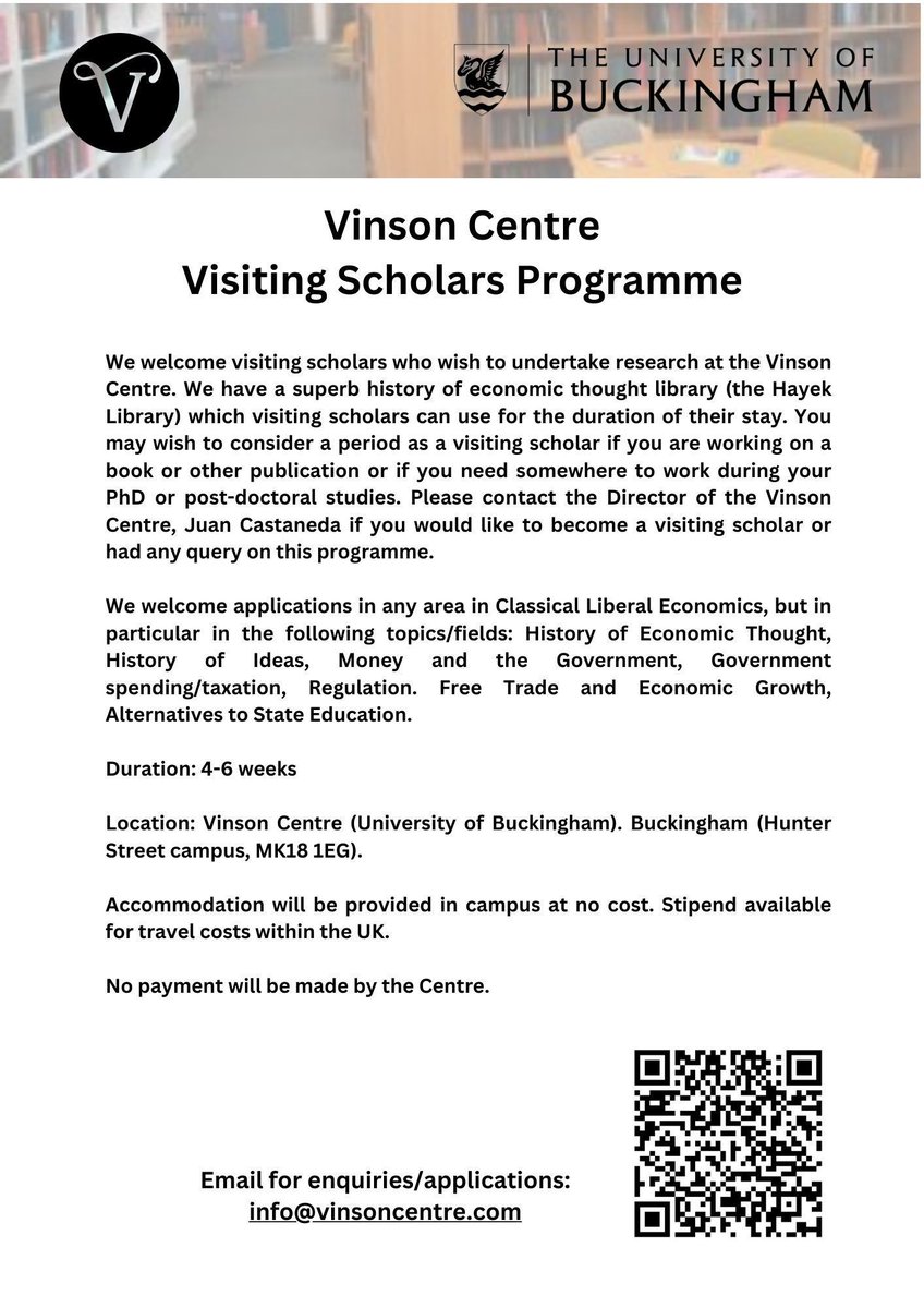 'I did greatly benefit from its warm academic environment, friendly colleagues, and exceptional infrastructure ... both professional economists and young scholars ... will surely feel themselves at home at the Vinson Centre'. @UniOfBuckinghham R. Arthmar, Visiting Scholar 2023