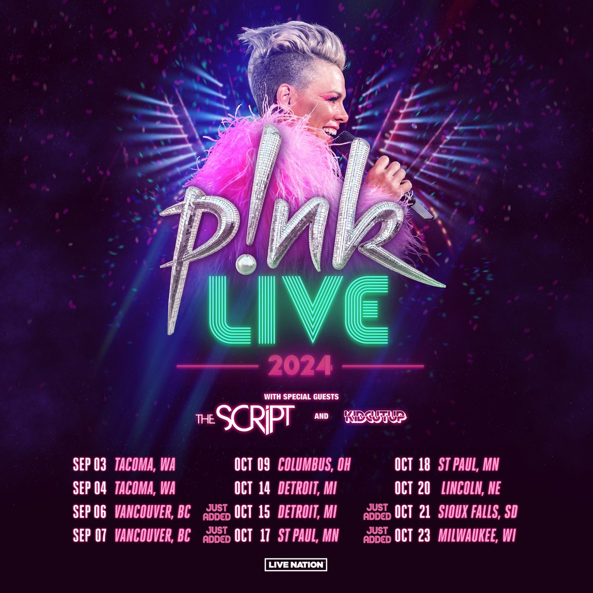 USA! Four new dates have been added to @pink’s Summer Carnival! We are so excited to sing with you all soon🎶😀 Tickets on sale Friday thescriptmusic.com/tour/