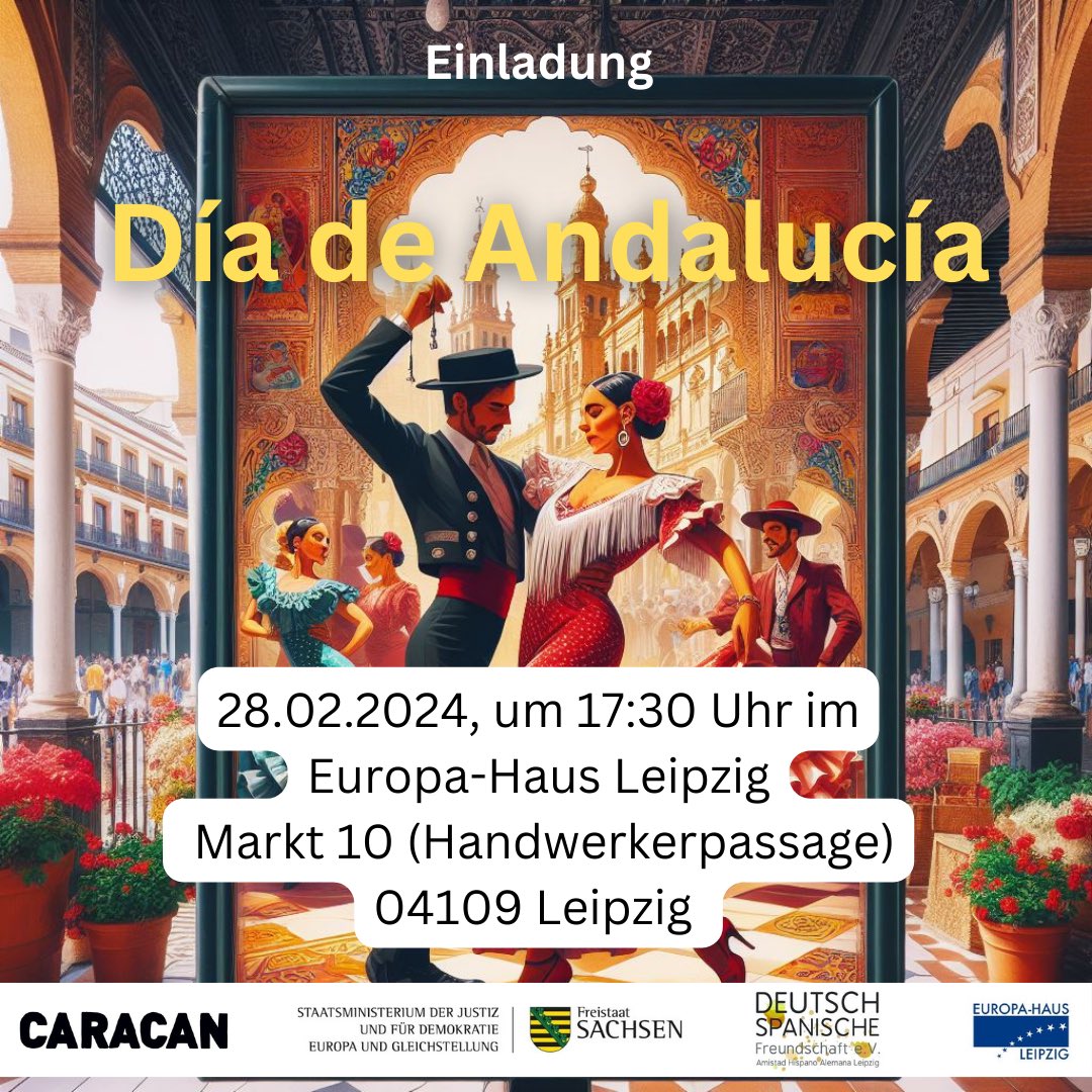 Gemeinsam mit Caracan Leipzig und dem Verein Deutsch-Spanische Freundschaft e.V. feiern wir anlässlich des »Día de Andalucía« die deutsch-spanische Freundschaft im Europa-Haus Leipzig 🇩🇪🤝🇪🇸 Mehr Infos 👉 europa-haus-leipzig.de @EDLeipzig 🇪🇺