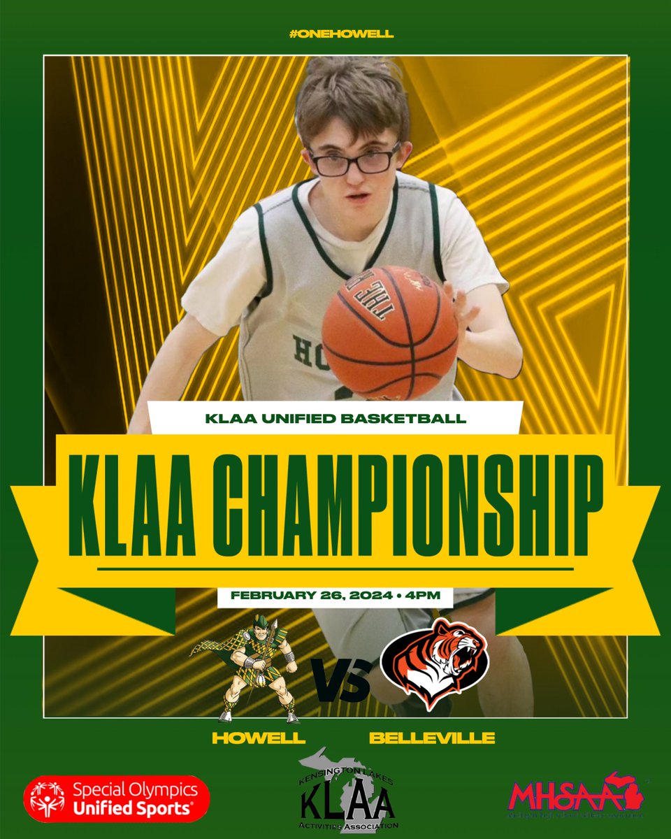 HHS Unified travels to Belleville today for the @KLAASports Championship Basketball game! We are proud of our Highlanders...wish our athletes luck when you see them in the halls today!!! #HHF #OneHowell #ChampionshipSeason @SpOlympicsMI