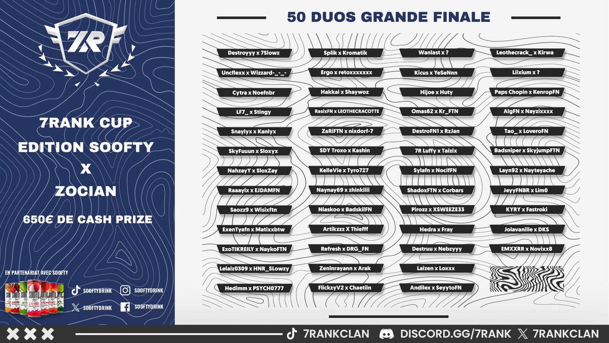 7Rank ⚔️ (@7rankclan) on Twitter photo Voici les 50 duos de cette Grande finale de la 7R Cup édition <a href="/SooftyDrink/">Soofty Drink</a> qui se déroule ce soir à 19h ! 🏆
Bonne chance à tous 🍀 Voici les 50 duos de cette Grande finale de la 7R Cup édition <a href="/SooftyDrink/">Soofty Drink</a> qui se déroule ce soir à 19h ! 🏆
Bonne chance à tous 🍀