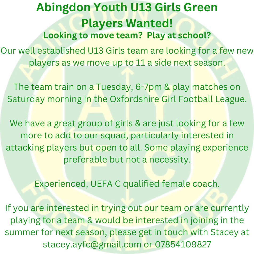 Our U13 Girls Green team are looking for a few new players to bolster the squad as we move up to 11 a side next season. Please get in touch if you're interested!