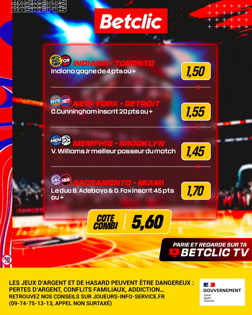 Betclic's tweet photo. 🏀 Un combi bien insomniaque bien #NBA pour vibrer cette nuit 🔥

👀 5x20€ de Freebets à gagner parmi les RT si le combi ne passe pas 🤝 https://t.co/XDZRhl0CrX
