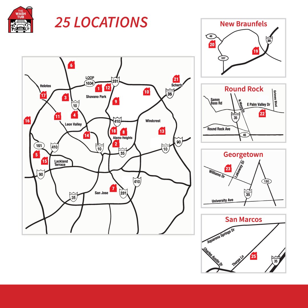 washtub's tweet image. 🚗✨ With 25 locations in and around San Antonio, we're here to bring the shine to your ride! Visit your nearest Wash Tub today for a top-notch full-service wash or detail that'll have your vehicle looking brand new. #Locations #AutoDetailing #CarWash #TheWashTub #SanAntonio