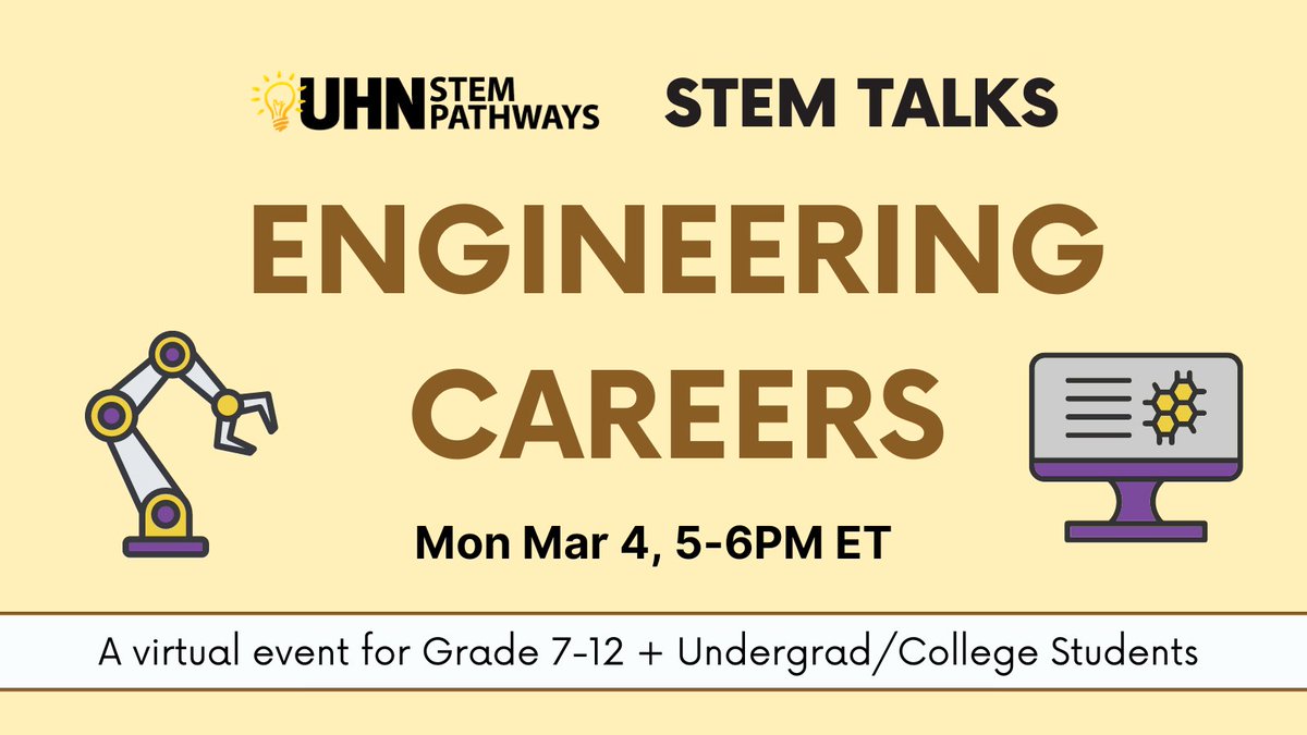 A few more days until #NationalEngineeringMonth begins! Join us next Monday at 5pm ET to hear from a unique group of #engineers. Learn more about the exciting technological advancements they're working on @UHN. ⚙️🖥️

Register here: tinyurl.com/stemtalks-engi…