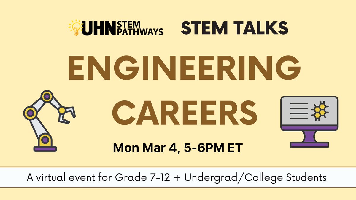 UHN STEM Pathways (@uhnstempathways) on Twitter photo A few more days until #NationalEngineeringMonth begins! Join us next Monday at 5pm ET to hear from a unique group of #engineers. Learn more about the exciting technological advancements they're working on <a href="/UHN/">University Health Network</a>. ⚙️🖥️
Register here: tinyurl.com/stemtalks-engi… A few more days until #NationalEngineeringMonth begins! Join us next Monday at 5pm ET to hear from a unique group of #engineers. Learn more about the exciting technological advancements they're working on <a href="/UHN/">University Health Network</a>. ⚙️🖥️
Register here: tinyurl.com/stemtalks-engi…