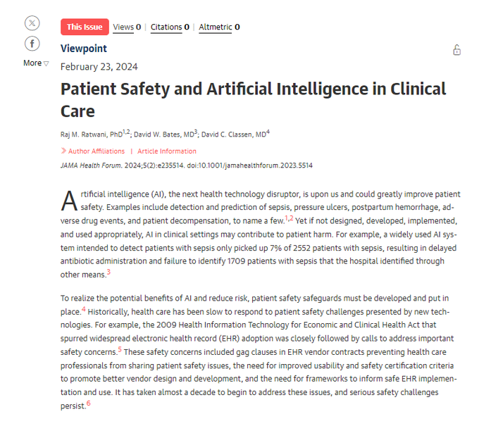 How can we prevent #AI in clinical settings from contributing to patient harm? @RajRatwani @DBatesSafety & D. Classen offer recommendations for health systems to consider when building AI safety programs. Check it out @JAMAHealthForum #zeroharm jamanetwork.com/journals/jama-…