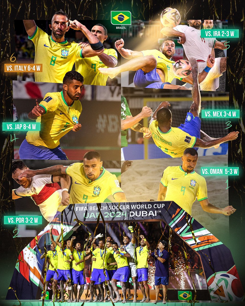 Invincible! Brazil’s rough path to the title 👑

مشوار رائع للبطل منذ المباراة الأولى حتى الفوز باللقب 🏆🇧🇷

#WorldCup #FBSWC24 #BeachSoccerWC #beachsoccer