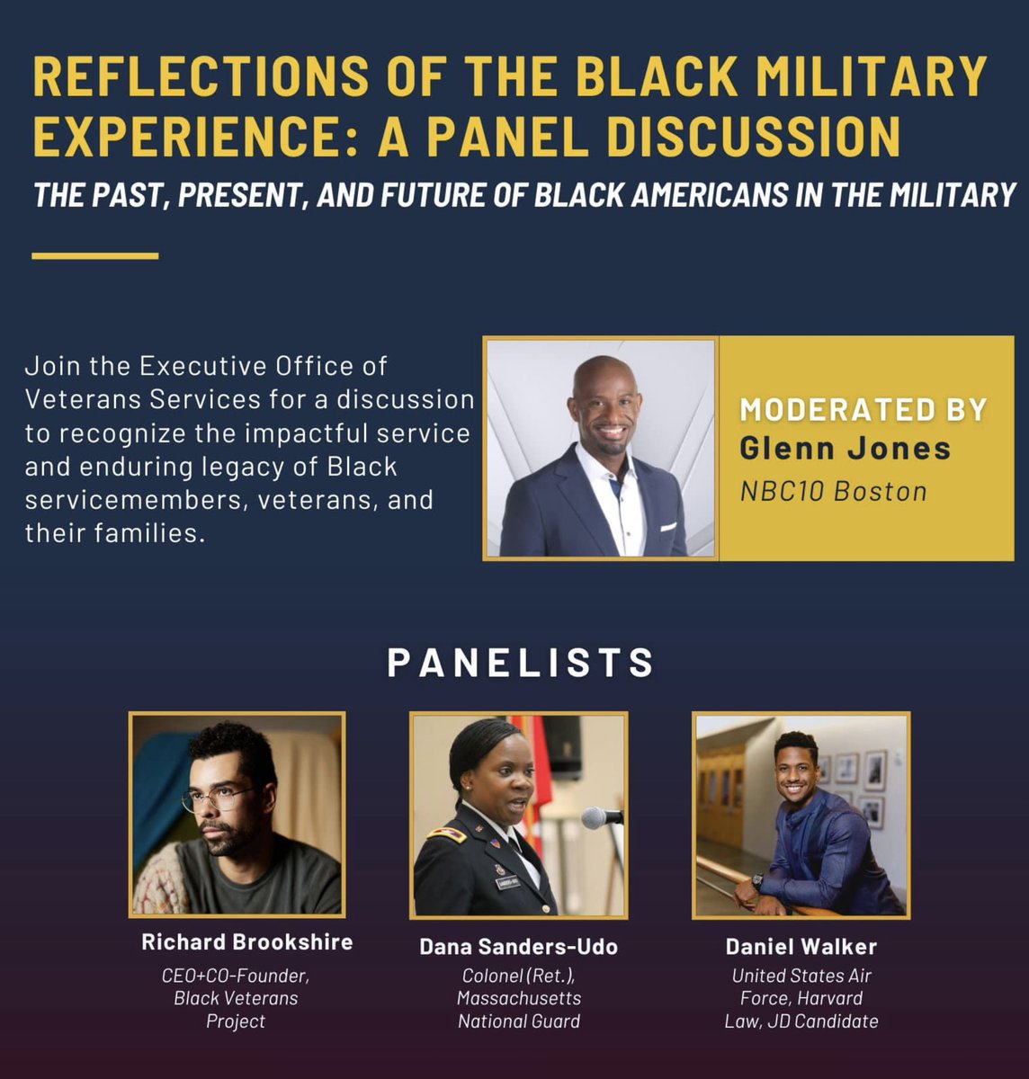 Boston family, join us today @MAAHMuseum alongside @NBC10Boston’s @GlennBostonTV for an in depth discussion on the ‘Past, Present and Future of Black Americans in the Military’. Hosted by @MassEOVS. cc: @BostonVets + @MABLLC Register: mass.gov/event/reflecti…