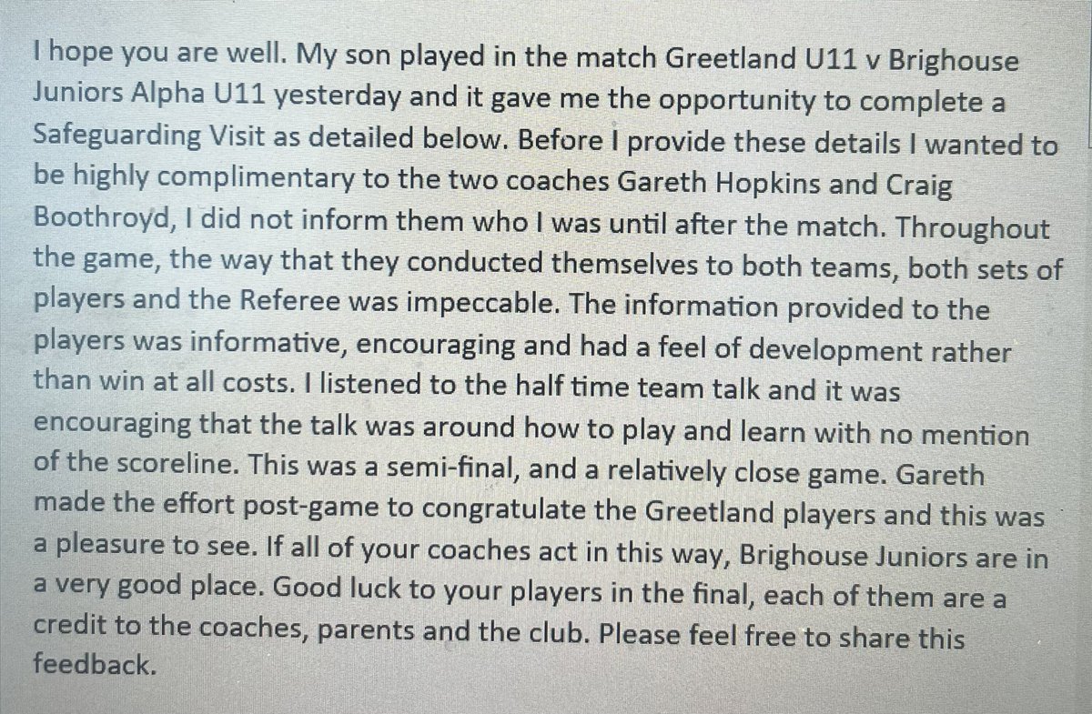 Was great to be able to send this email to one of my clubs @BrighouseJAFC today. Social media is generally around the bad practice at Grassroots football. This was the opposite. 👏🏻👏🏻👏🏻@WestRidingFA