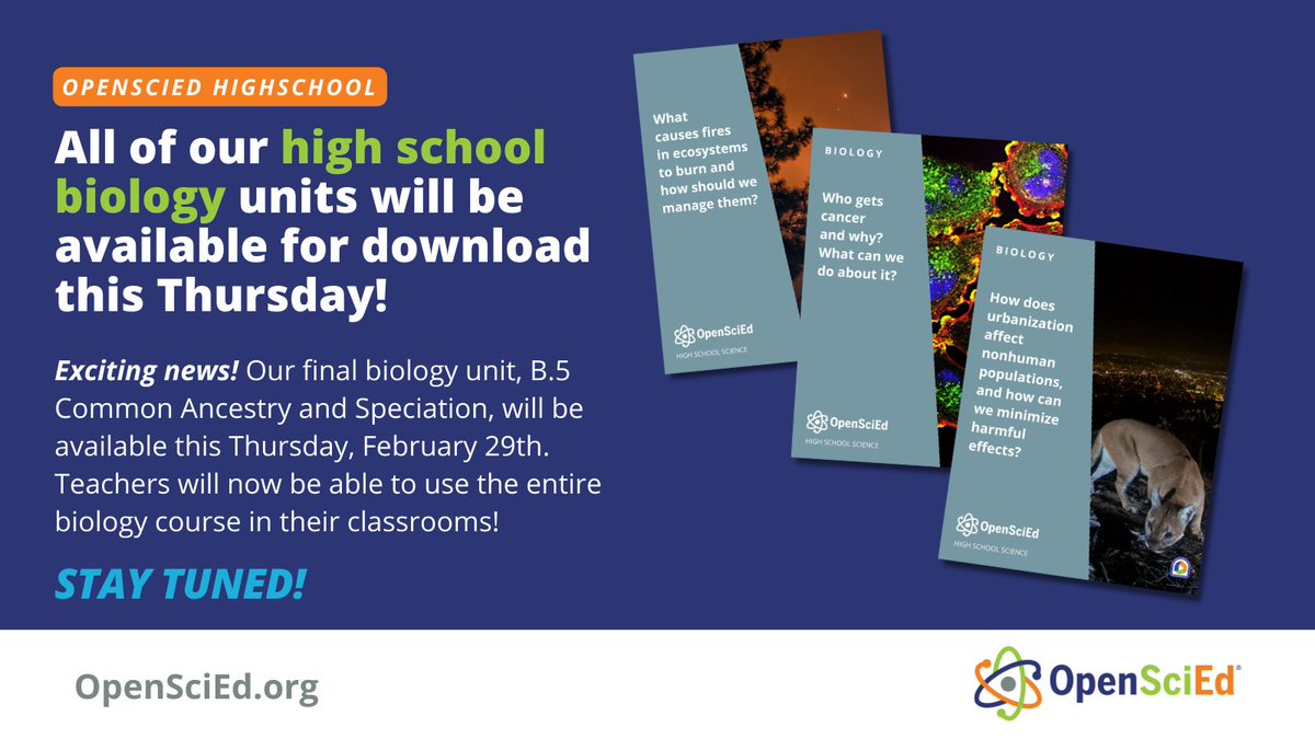 🚨 Calling all biology teachers! The final biology unit B.5 Common Ancestry and Speciation, launches this Thursday, February 29th! With this addition, you'll now have access to the entire high school biology course. Stay tuned! #OpenSciEdHS #LearnwithOpenSciEd