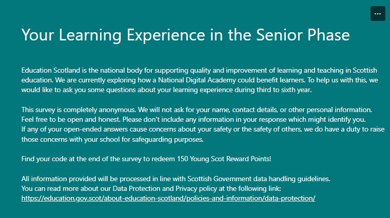 How could a National Digital Academy support learners? Please share this survey by @EducationScot with S3-S6. forms.office.com/pages/response…