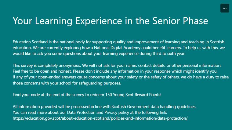 Addressing Dyslexia Toolkit (@dyslexiatkscot) on Twitter photo How could a National Digital Academy support learners? Please share this survey by <a href="/EducationScot/">Education Scotland</a> with S3-S6.
forms.office.com/pages/response… How could a National Digital Academy support learners? Please share this survey by <a href="/EducationScot/">Education Scotland</a> with S3-S6.
forms.office.com/pages/response…