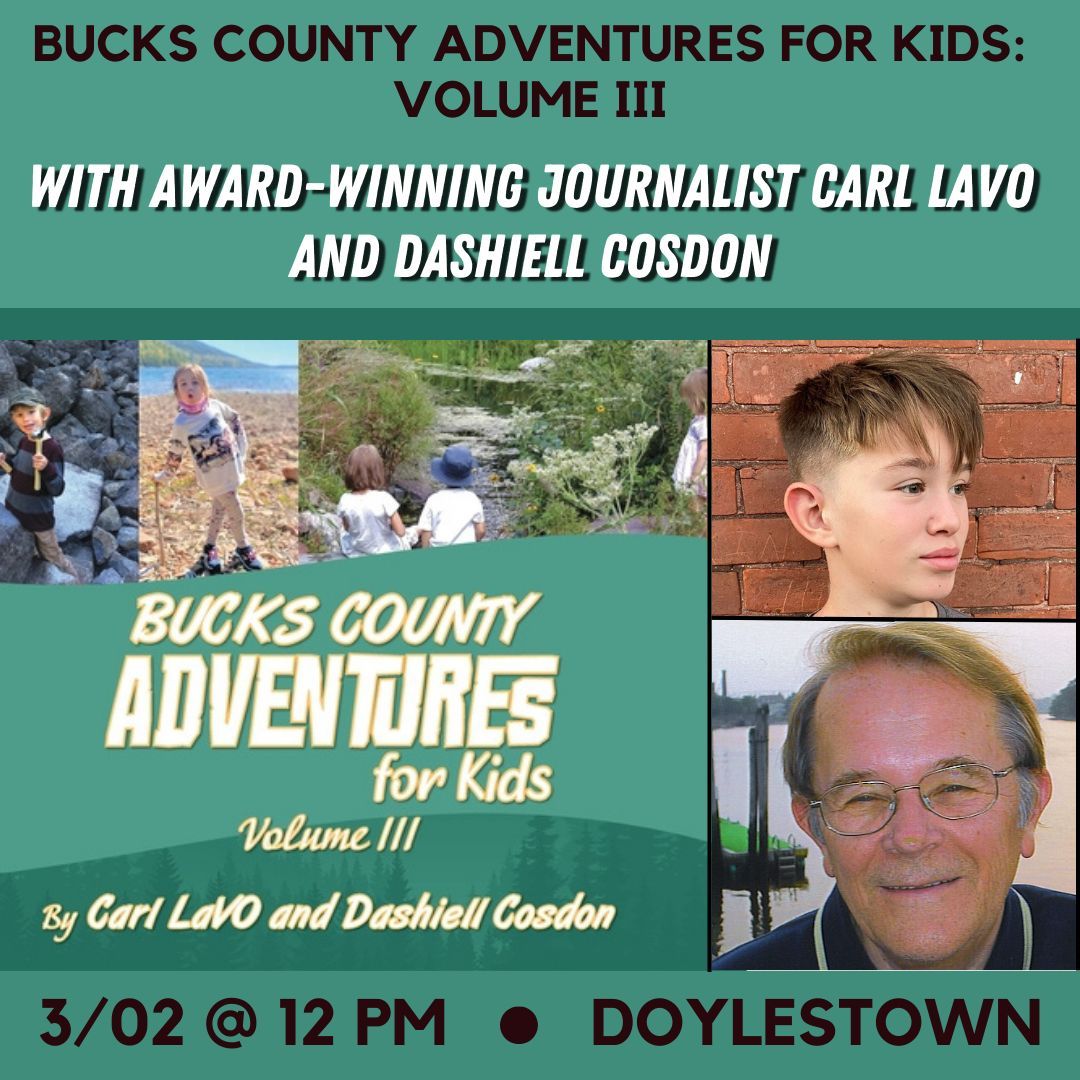 This week's events! Wed., 2/28 at 6 PM~RomCom author panel w/ @DistractLaura, @NishaWrites, @EricSmithRocks & @RosieDanan Sat., 3/02 at 12 PM~Award-winning journalist Carl LaVo, with his grandson and co-author Dashiell Cosdon, sign Bucks County Adventures for Kids: Volume III