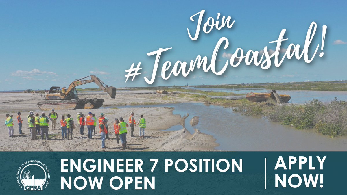 LouisianaCPRA's tweet photo. #TeamCoastal is looking for an engineer interested in leading the efforts on some of the largest and most complex ecosystem restoration and protection projects⚙️ Sound like the job for you?
Click here to learn more ➡️ https://t.co/GBHBHlzXIQ https://t.co/MBABltTMbF