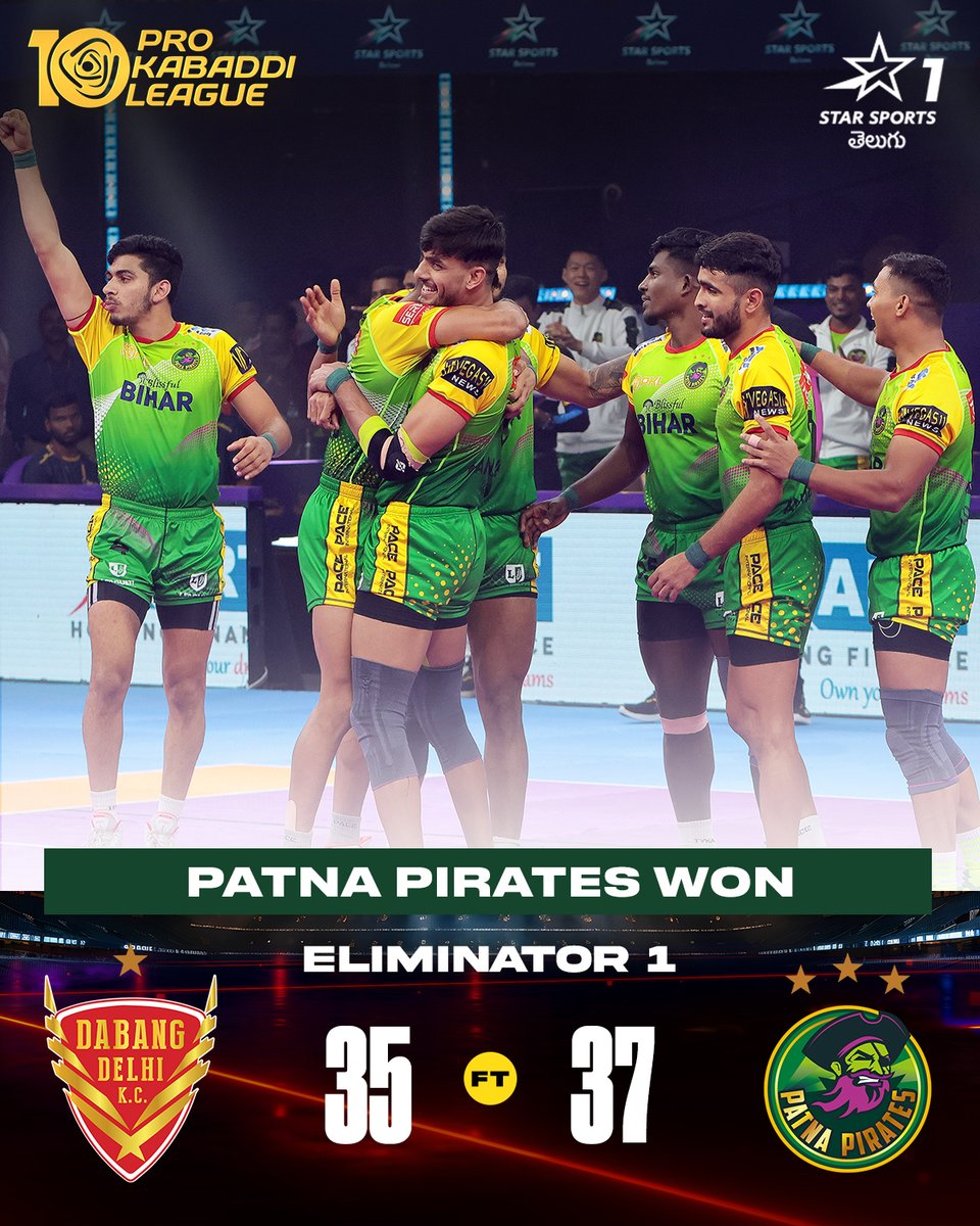 StarSportsTel's tweet photo. ఎలిమినేటర్ మ్యాచ్లలో సత్తాచాటి సెమీ ఫైనల్ చేరిన పట్నా పైరేట్స్ & హర్యానా స్టీలర్స్ 🔥
మరి సెమీ ఫైనల్ సందడికి మీరు సిద్ధమా.?
#DELvPAT #GGvHS #PKLonStarSports #ProKabaddiLeague #ProKabaddi https://t.co/a4nlteMbc4