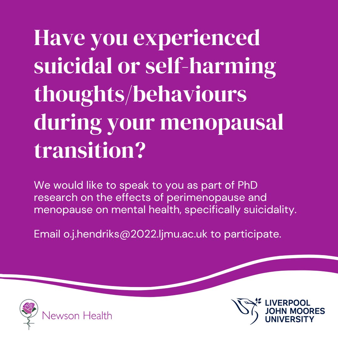 My company Newson Health is funding a PhD student at Liverpool John Moores University to research the effects of perimenopause/menopause on mental health, specifically suicidality.

As part of the research, we are looking for women who have experienced suicidal or self-harming