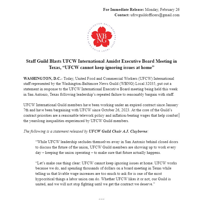 UfcwGuild's tweet image. ICYMI: @UFCW Guild Chair @dunadanjets released a statement on the state of bargaining, “UFCW cannot keep ignoring issues at home.”

Read the whole statement below.