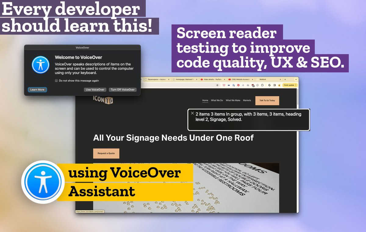 Every developer should go through basic screen reader usage. Improves UX, code quality, SEO, and of course #accessibility. 

Can't believe it took me this long to dig in. Did some testing for a friend &amp; made a video on basic usage &amp; site improvements. 

youtu.be/Aku9j7qADBA
