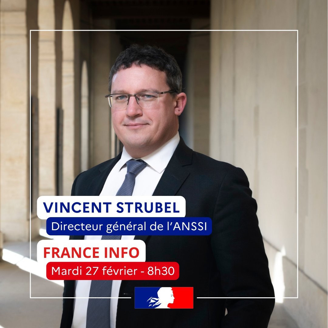 🔴🎙️ Vincent Strubel, directeur général de l’#ANSSI, sera l’invité du « 8h30 <a href="/franceinfo/">franceinfo</a> ».

🔔 Rendez-vous demain, mardi 27 février, dès 8h30.
