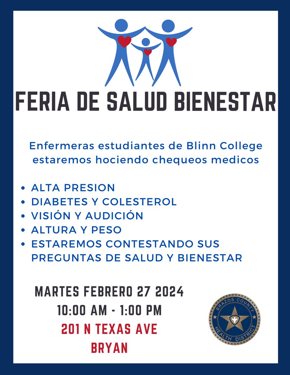TODAY! Come by the Brazos County Health District to participate in a health fair that will include students from the Nursing Program at Blinn College providing health checks, as well as health and wellness information.
We hope to see you between 10 am and 1 pm!