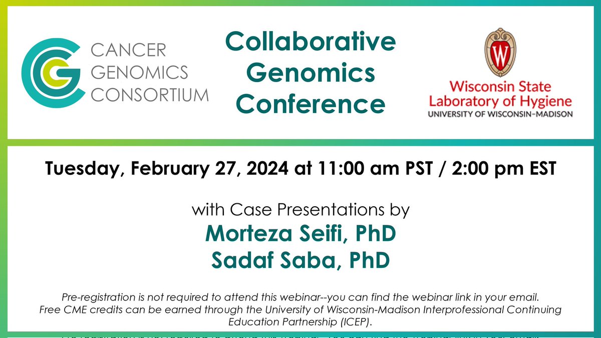 Tomorrow, Feb 27th! 🗓️ Join the monthly Collaborative Genomics Conference hosted by @UWMadison & @CG_Consortium. Earn CME credits - no registration needed! Look out for the webinar link in your email & network with peers who share your clinical & research interests!