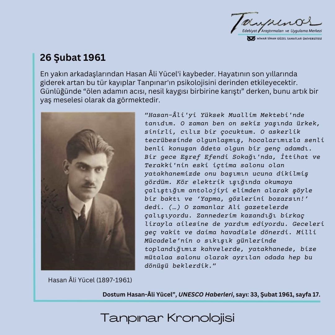 #26Şubat1961
#TanpınarKronolojisi 
#TanpınarMerkezi
#AhmetHamdiTanpınar 
#HasanÂliYücel