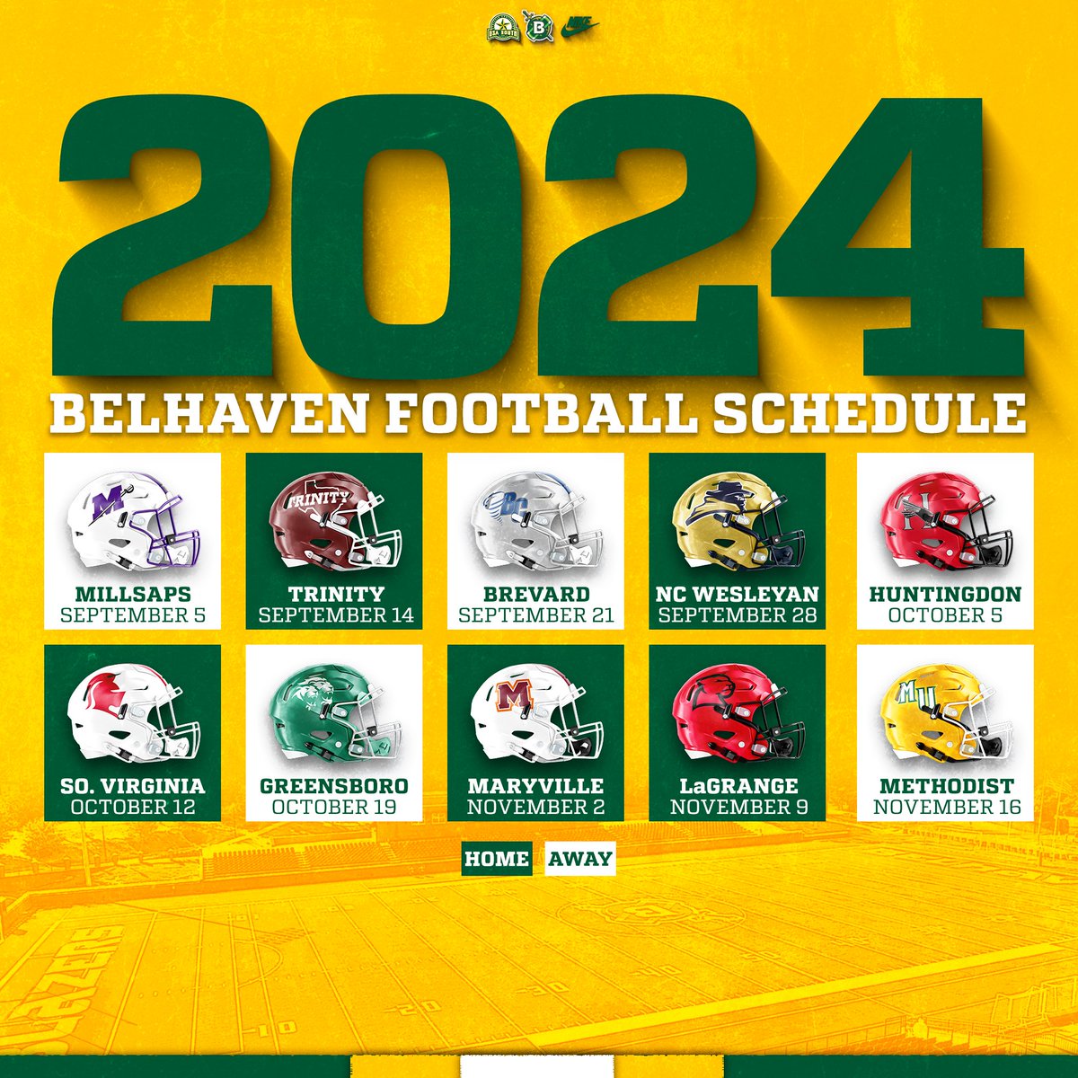 𝟐𝟎𝟐𝟒 𝐁𝐞𝐥𝐡𝐚𝐯𝐞𝐧 𝐅𝐨𝐨𝐭𝐛𝐚𝐥𝐥 𝐒𝐜𝐡𝐞𝐝𝐮𝐥𝐞 Be sure to mark your calendars for the fall because the 2024 schedule for the defending USA South champs has arrived 📅 | bit.ly/3DBbS5a 📰 | bit.ly/4bSvfq0 #GoGreen | #d3fb | @BelhavenFB