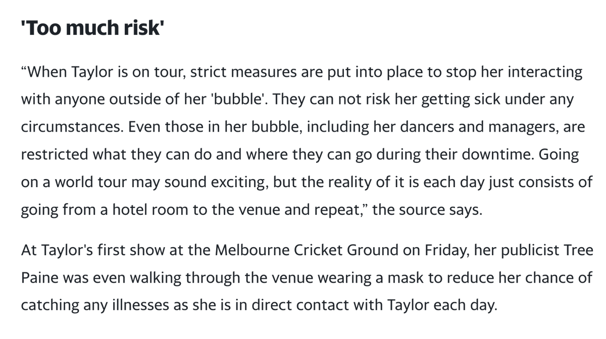 For the record, Taylor Swift and her team still implement multiple COVID precautions in 2024 including restricting interactions and activities with people outside of her bubble, and wearing masks.