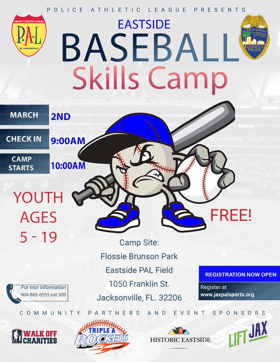 JaxPAL (@jax_pal) on Twitter photo Spot still open for our Baseball Camp on March 2nd at Flossie Brunson Park on the Eastside. Register at www.jaxpalsports. Org. <a href="/JSOPIO/">Jax Sheriff's Office</a> <a href="/jsosheriff/">Sheriff T.K. Waters</a> <a href="/LiftJax/">LIFT JAX</a> Spot still open for our Baseball Camp on March 2nd at Flossie Brunson Park on the Eastside. Register at www.jaxpalsports. Org. <a href="/JSOPIO/">Jax Sheriff's Office</a> <a href="/jsosheriff/">Sheriff T.K. Waters</a> <a href="/LiftJax/">LIFT JAX</a>