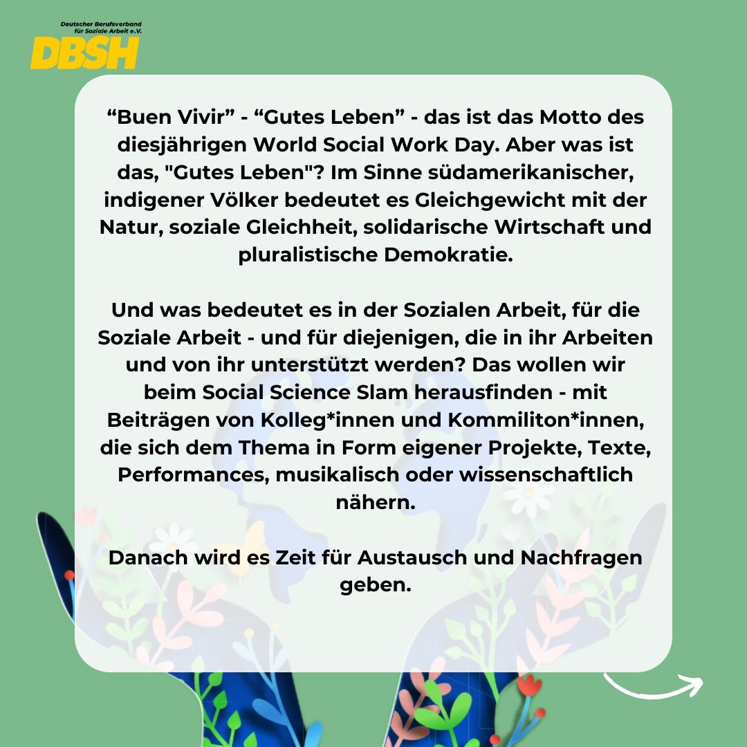 dbshbund's tweet photo. Heute stellen wir euch eine Veranstaltung zur World Social Work Week genauer vor 💛 weiter Informationen findet ihr unter: https://t.co/WNvOLbkrK1

#wswd #dbsh #sozialearbeit #scienceslam https://t.co/DSPSY0VCUH
