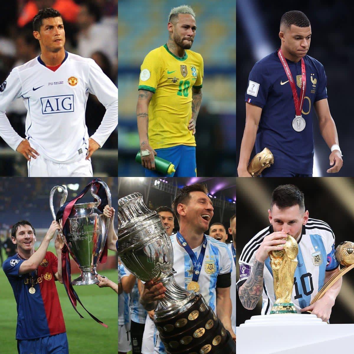 🇵🇹 Ronaldo thua trận chung kết Champions League
🇧🇷 Neymar thua trận chung kết Copa América
🇫🇷 Mbappe thua trận chung kết World Cup

Cả 3 có điểm chung là gì?
🇦🇷 Họ thua Lionel Messi