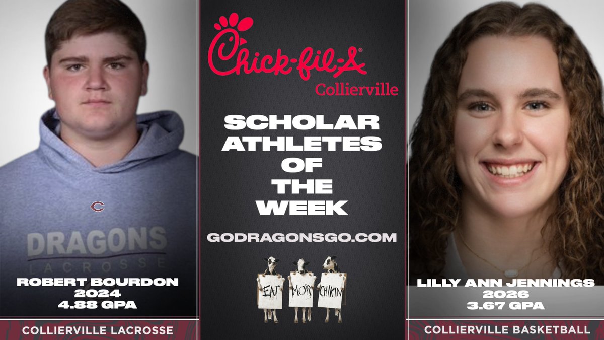 Congrats to our Chick-fil-A Scholar Athletes of the Week: Lacrosse's Robert Bourdon and Basketball's Lilly Ann Jennings. Robert (4.88 GPA) had a hat trick in Monday's contest vs CBHS. "LA" (3.67 GPA) played a key role with her defensive pressure in Friday's Region win vs Central.